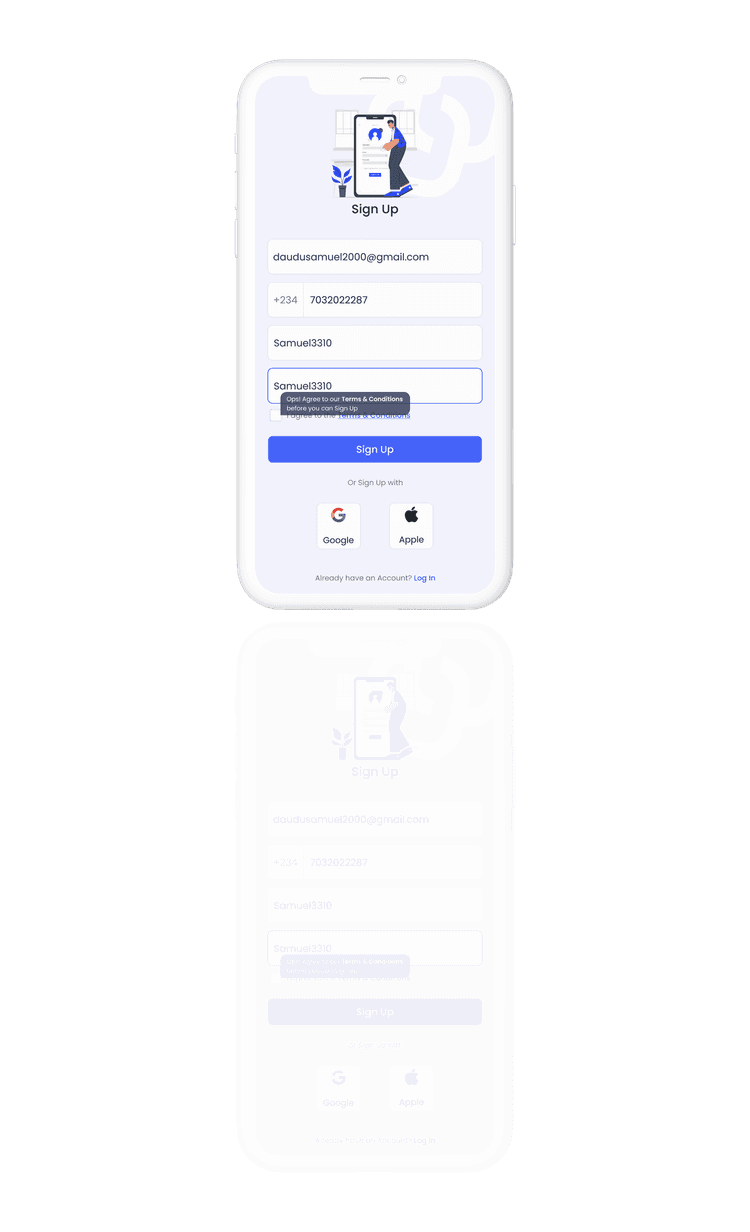 Seamless onboarding sign-up screen